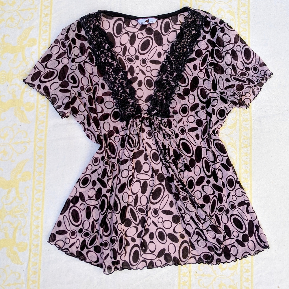 Y2K Sheer Pink Optical Print Blouse - Picture 2 of 7